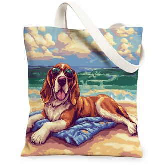 Generic Summer Pitbull Dog Canvas Tote Bag for Shopping 13x15, Watercolor Beach Coastal Puppy Reusable Grocery Print Bag for Women, Beachy Pet Beach Aesthetic