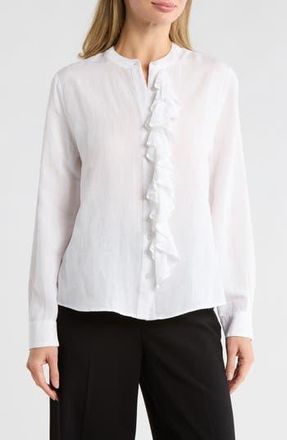 Area Stars Ruffle Long Sleeve Linen Button-Up Shirt in White at Nordstrom Rack, Size X-Large