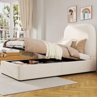 Matteo Velvet Upholstered Childrens Single Bed - Hydraulic Storage - Beige