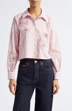 Cinq &agrave; Sept Rose Stripe Beaded Flower Button-Up Shirt in Cotton Candy/crimson Plum at Nordstrom, Size Xx-Small