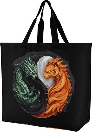 Generic Yin And Yang Tiger Dragon Reusable Shopping Bags One Shoulder Grocery Tote Bag Waterproof Big Purse for Work Travel