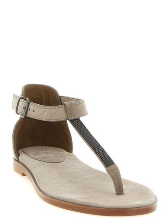 Brunello Cucinelli Precious T-Strap Suede Sandals - Beige