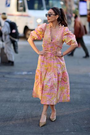 Jessie Zhao Astrid Marble Smocked Midi Dress