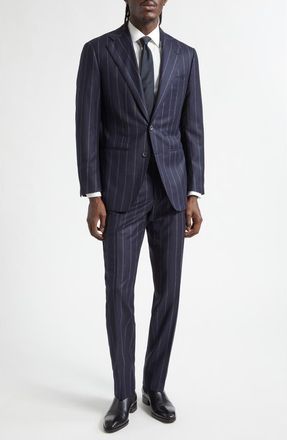 Thom Sweeney Chalk Stripe Structured Wool & Cashmere Suit in Navy Pin Stripe at Nordstrom, Size 42 Us