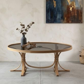Dmora Mesa De Centro Sommo, Cristal Templado, Forma Ovalada, Estructura De Vidrio, 112x78x47 Cm, Roble Marr&oacute;n