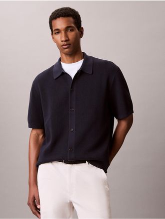 Calvin Klein Mens Mesh Stitch Button-Down Sweater - Navy - 2XL