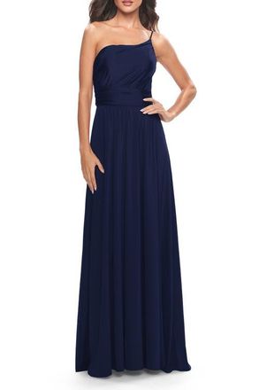 La Femme Chic One Shoulder Long Jersey Gown with Defined Waist in Navy at Nordstrom, Size 14