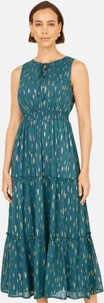Yumi Foil Print Ruched Waist Midi Dress in Teal at Nordstrom, Size 10