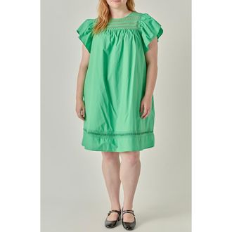 English Factory Lace Yoke Ruffle Sleeve Minidress in Green at Nordstrom, Size 3X