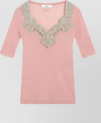 Chlo&eacute; knit top 34 sleeves embroidered neckline ribbed