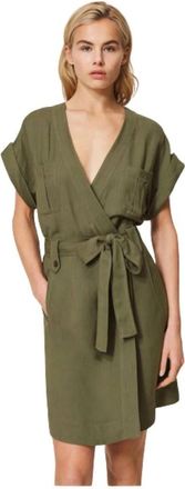 Twinset Wikkeljurk met Korte Kimono Mouwen - Dames - Korte kleedjes - Groen - M - Linnen - Kleedjes