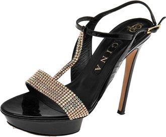 Gina Black Patent Leather Crystal Embellished T-Strap Sandals