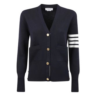 Thom Browne Cardigans, female, Blue, Size: XS V-neck Wool Cardigan with Ribbed Cuffs
