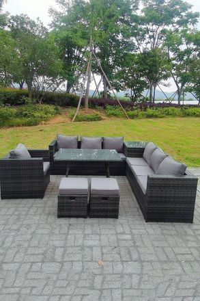 Fimous 7 Seater Grey Rattan Corner Sofa Set 2 Table Armchair Footstool Garden Furniture Outdoor in Dark Grey