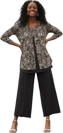 Jessica London Crew Neck Double Layered Tunic in Black Khaki Scroll at Nordstrom, Size Medium