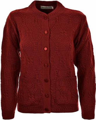 Generic Womens Ladies Knitted Crew Neck Pocket Front Button Up Aran Cardigan UK 10-24 (UK Size 14-16, RED-BW)