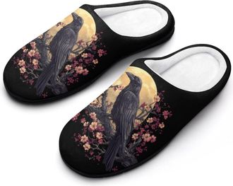 Generic Black Raven Moon Cherry1 Flower Funny Mens Slippers Cotton Warm House Shoes Memory Foam Sandals Print Size 7-14