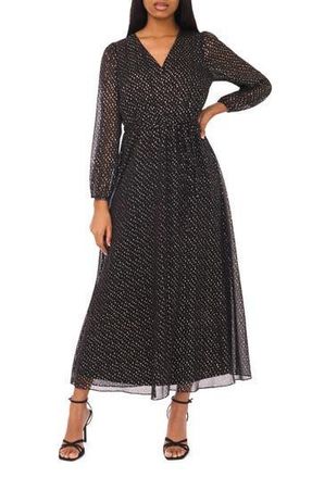 Halogen Dot Long Sleeve Faux Wrap Maxi Dress in Rich Black at Nordstrom Rack, Size X-Small