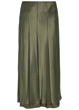 Vince Pleated Satin Midi Skirt - Khaki - S (UK8-10 / S)