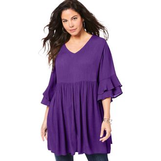 Roaman's Hand Crinkled Flutter Sleeve Tunic in Purple Orchid at Nordstrom, Size 20