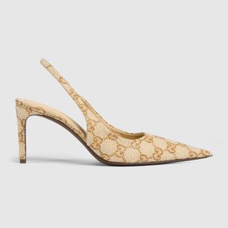 Gucci Womens Donna Crystal Slingback Pump, Beige, GG Canvas