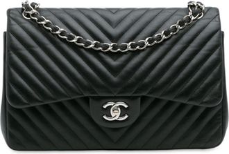 Chanel Pre-owned Womens Jumbo Classic Chevron Lambskin Double Flap - Black Leather - One Size
