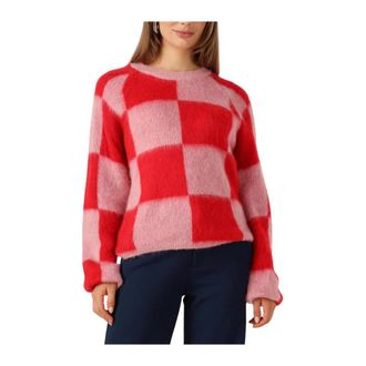 Pom Amsterdam Rode Geruite Pullover voor Vrouwen - Dames - Ronde hals truien - Veelkleurig - M - Truien & Vesten