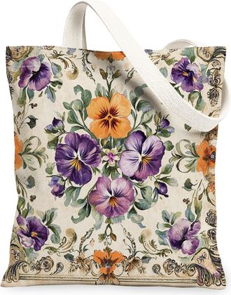Generic Spring Aesthetic Pansy Canvas Tote Bag for Shopping 13x15, Vintage Retro Floral Reusable Grocery Print Bag for Women, Abstract Flower Beach Aesthetic 