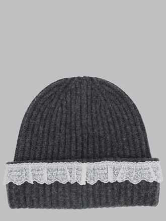Ganni B3020240_252 Ribbed Wool with Lace Trim Beanie - Gray