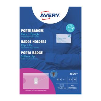 Avery Kit Portabadge Combi 4820 Con Spilla E Clip, 50 Portabadge + 50 Inserti Stampabili, 54x90 Mm, Trasparente