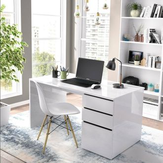 Dmora Dmora - Escritorio Lagoni, Escritorio Multiusos Para Oficina O Dormitorio, Mesa De Estudio Lineal Con 2 Cajones Y 1 Puerta, 139x60h75 Cm, Blanco