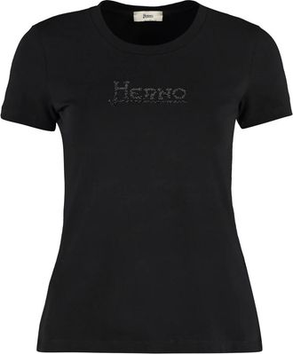 Herno Tops, Dames, Zwart, M, Katoen, T-shirt van katoen met strassprint en ronde hals