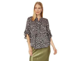 Vince Camuto Top Womens Small Black Animal Print Pin Tuck Ruffle Sleeve JDM135 (Black,Regular,S)