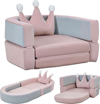 OEM Sof&aacute; Infantil Convertible En Cama Y Zona De Juego Con Coj&iacute;n De Corona 116x61x14 Cm Rosa Y Azul Gris&aacute;ceo