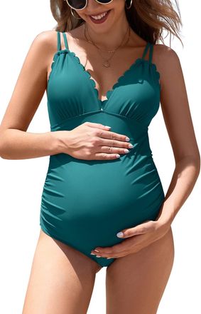 SHEKINI Maternity One Piece Swimwear Scalloped Swimsuit V Neck Ruched Pregnancy Bathing Suit Cutout Tie Back Dark Green