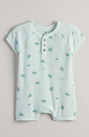 Nordstrom Waffle Knit Henley Romper in Green Veil Turtle Toss at Nordstrom, Size 24M