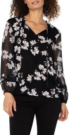 Liverpool L.A. Shirred Woven Popover Top in Black White Floral at Nordstrom, Size X-Small