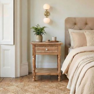 Furniturebox Lima White Oak Effect Wood Carved Bedside Table in Light Brown