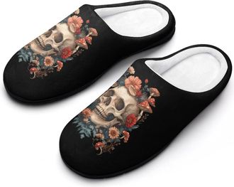 Generic Skull with Mushrooms Flowers Mens Soft Cotton Slippers with Memory Foam Anti-skid House Shoes for Travel Indoor Outdoor