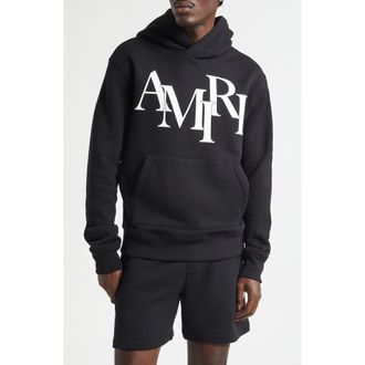 Amiri Staggered Logo Graphic Hoodie in Black at Nordstrom, Size Xx-Large