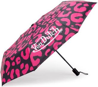 Von Dutch Compact Automatic Umbrella, Strong & Portable in Hot Pink Cheetah at Nordstrom