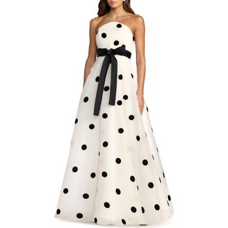 Mac Duggal Strapless Polka Dot Organza Ball Gown with Satin Bow in Black Ivory at Nordstrom, Size 16
