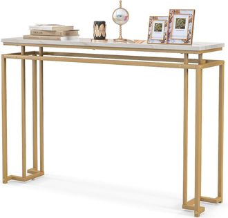 Costway Costway - Mesa Consola Dorada, Mesa Moderna Con Superficie De M&aacute;rmol Artificial, Estructura De Metal Geom&eacute;trica, Mesa De Acento Con Kit Antivuelco Par