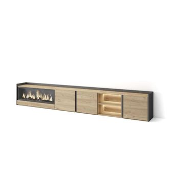 Skraut Home Mueble tv efecto madera roble negro 315x35x50cm chimenea efecto fuego