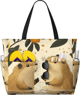 Generic Cute Capybara Print Large Beach Bag Foldable Travel Shoulder Tote Bag With Pocket For Weekender Pool Vacation
