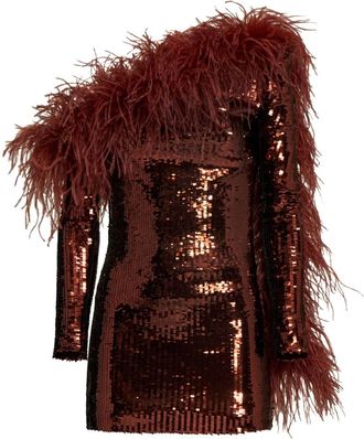 Taller Marmo Garbo Disco feather-trim minidress - women - Acetate/Polybutylene Terephthalate (PBT)/Ostrich Feather/Polyester - 44 - Red