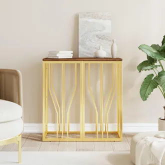 vidaXL Mesa Consola Acero Inoxidable Y Madera Maciza Reciclada Dorada Vidaxl