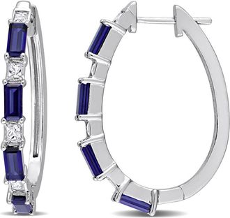 Amour 3 5/8 CT TGW Created Blue and White Sapphire Oval Hoop Earrings In Sterling Silver