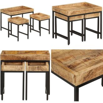 vidaXL Tavolini a Incastro 3 pz Legno Massello di Mango Grezzo e Ferro - Tavoli impilabili - Tavoli da salotto