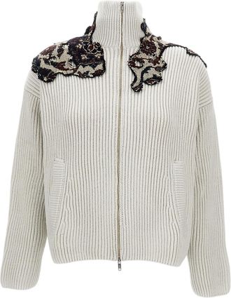 Durazzi Milano Ribbed Weave Wool Bomber Jacket With High Neck And Decorative Appliqu&eacute;s